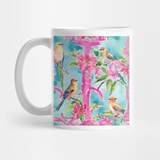 Pink and turquoise preppy birds on trellis watercolor Mug